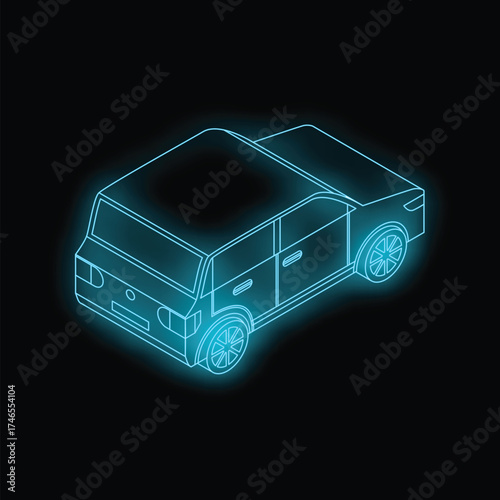 Neon blue wireframe car model is glowing on a black background