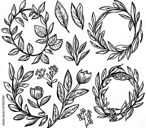 Modern heraldry festival logos and emblems are represented by a set of flower ornament wreaths, including olive branch wreaths, Greek leaf frames, and noble laurel leaves