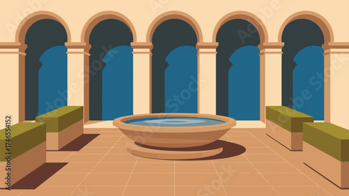Illustration of a courtyard with arches, a fountain, and benches in a moroccan style design