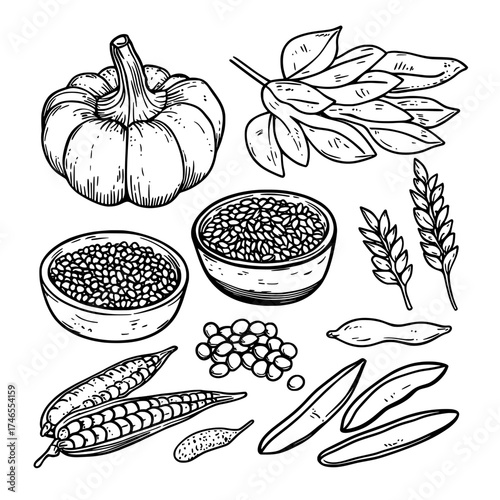 In a modern and isolated cartoon illustration, various seeds and grains such as cereals, chickpeas, nuts, and cellulose grain are featured