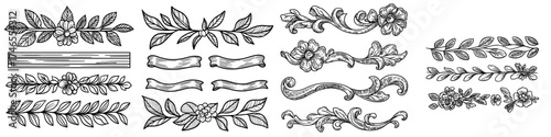 The set includes decorative swirls dividers, an old text delimiter, calligraphic swirl border ornaments, and a vintage divider in a modern set
