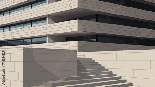 Close up of a modern building with stone facade and stairs leading up to it on a sunny afternoon
