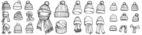 Winter kids hat, along with warm children's hats and scarves, make up headwear and accessories for boys and girls in a cartoon modern set