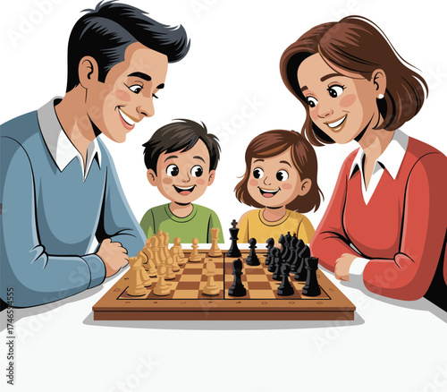 Family gathered around chessboard at wooden table, strategic board game, bonding, parenting, children learning, cozy atmosphere, fun, education, smiles