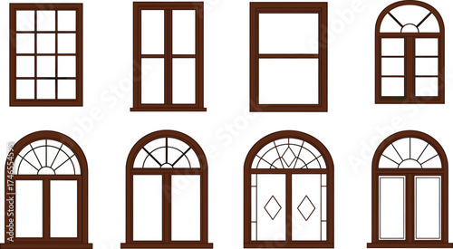 Collection of classic arched and rectangular brown wooden windows, vector window designs for home architecture, construction elements, house facade, building structure and renovation visuals