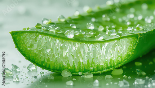 Close up of aloe vera leaf with water drops on a white background