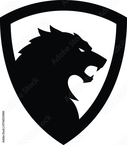 Lion head shield emblem, heraldic animal silhouette, strength and courage symbol, noble crest design, branding artwork, powerful protection and authority icon