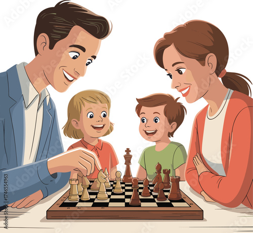 Family playing chess together at home, strategic board game, bonding time, learning, parenting, children, indoor activity, intelligence, focus, fun