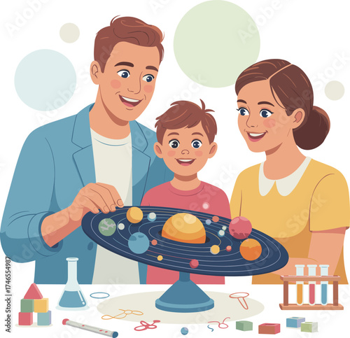 Family learning science together, solar system model, educational activity, child curiosity, STEM tools, home experiment, parental involvement