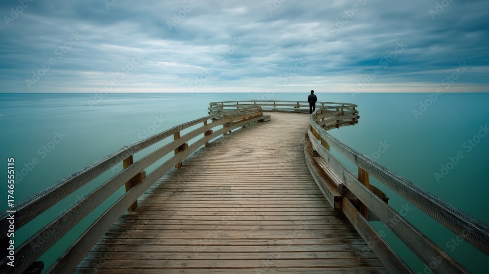 Fototapeta premium A long wooden pier stretches into cloudy waters with railings and benches,