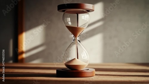 Glass hourglass on wooden table with sunlight shadows in background  