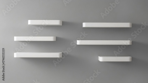 A wall-mounted shelving unit with six white rectangular shelves arranged neatly against a plain background.