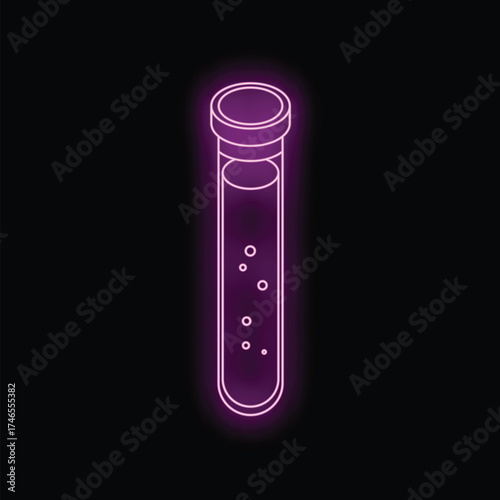 Purple neon test tube glowing on a dark background, representing scientific research and laboratory analysis