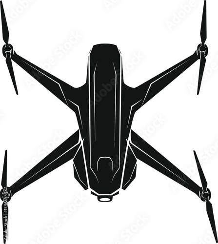 Drone silhouette illustration, quadcopter design artwork, aerial photography graphic, modern technology icon, surveillance and exploration symbol, flying gadget device