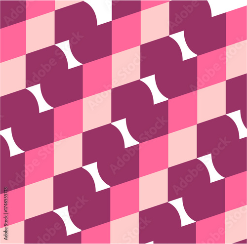 A bold diagonal pattern of interlocking pink, magenta, and blush tiles with curved edges, creating flowing rhythmic movement across the canvas.