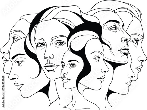 Abstract female faces silhouette, overlapping human profiles illustration, diversity and identity artwork, expressive portrait design, symbolic psychology and art graphic