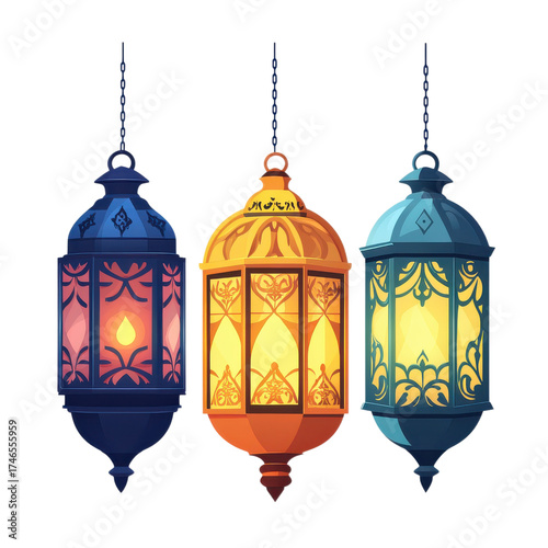 Three hanging lanterns on transparent background