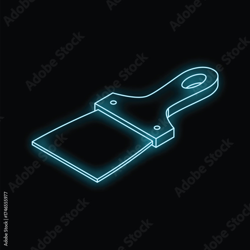 Putty knife glowing with neon light effect on black background, isometric view perfect for construction and renovation concepts