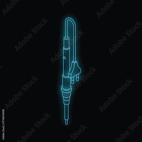 Glowing blue neon soldering iron with plug on a black background, ideal for electronics repair and diy projects