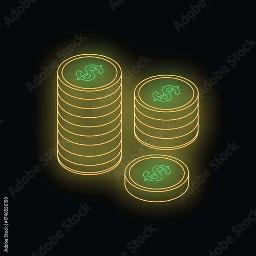 Neon dollar coin stacks increasing in height representing profit, investment growth, and financial success
