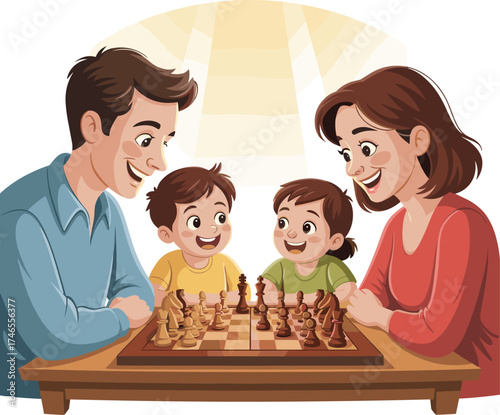 Family playing chess together at wooden table, strategic board game, bonding, parenting, children learning, cozy atmosphere, fun, education, smiles