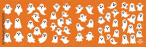 A collection of cute and funny white ghost characters on an orange background. Perfect for Halloween party invitations, kids' decorations, wrapping paper, seamless patterns, web design, and seasonal