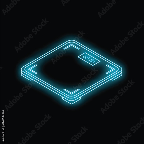 Neon bathroom scale showing weight in kilograms, representing health, fitness, and weight management