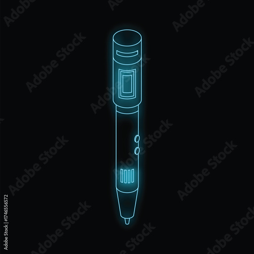Futuristic 3d printing pen glowing with neon light on a black background, representing innovation in additive manufacturing