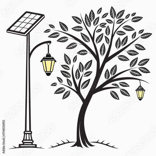 Illustration of a tree with solar powered street lamp