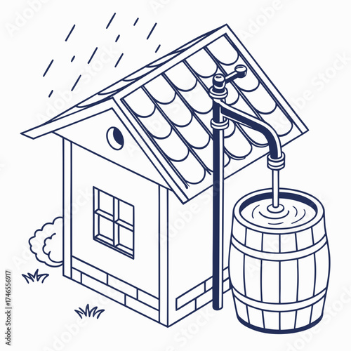 Illustration of a rainwater harvesting system with barrel