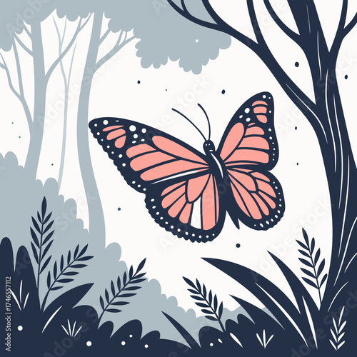 Monarch butterfly with pink wings flying among trees