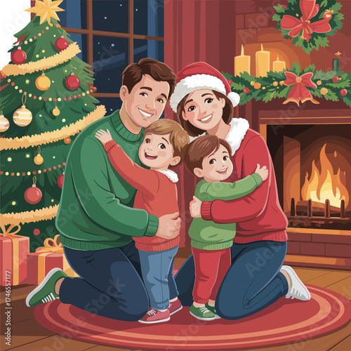 Happy family celebrating Christmas at home, festive decorations, holiday tree, fireplace, warm clothing, joyful mood, winter season, togetherness, love, tradition