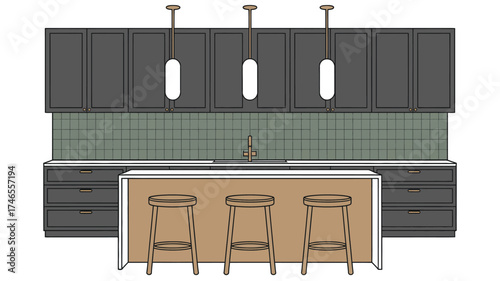 A kitchen interior with gray cabinets, green tile backsplash, and three bar stools at the island
