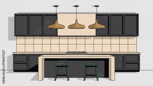 A kitchen interior with dark cabinets, beige backsplash, lights and island with two stools shown