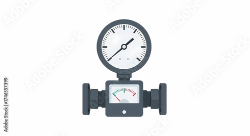 Pressure Gauge and Pipeline Valve Icon on Gray Background