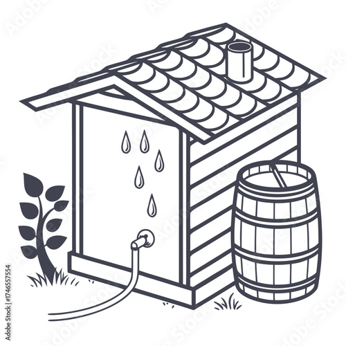 Rainwater harvesting shed with barrel illustration