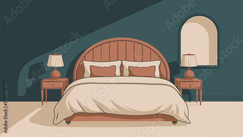 A bedroom scene featuring a bed with two nightstands and lamps with an arched window on the wall