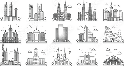 City landmark line art, modern architecture icons, historic buildings outline, skyscraper illustrations, minimal cityscape design, urban landscape elements, vector city buildings, line drawing icons