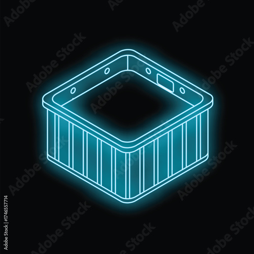 Relaxing spa experience with a neon blue hot tub shining in the darkness, perfect for wellness and leisure