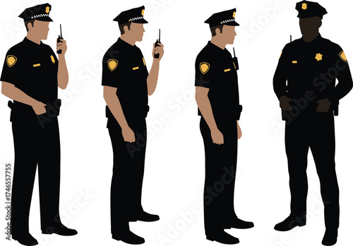 Police officer illustration in uniform, radio communication, multiple poses, black outfit, gold badge, law enforcement, posture variation, sketch, concept, design