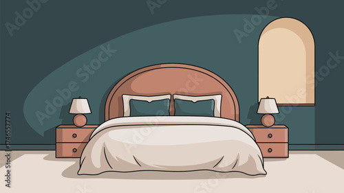 A bedroom with a bed, two nightstands, two lamps, and a decorative arch on a blue green wall