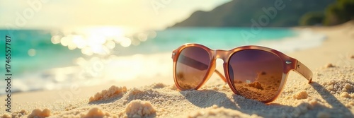 Stylish summer sunglasses resting on a sun-drenched beach, reflecting the bright sunlight Perfect for travel, vacation, and summer lifestyle imagery , tropical, sun glare, coastal