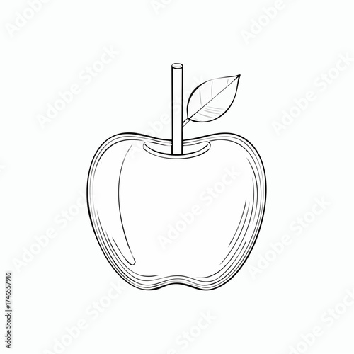 Simple line drawing of a crisp apple with a stem and leaf for coloring books