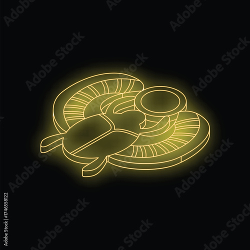 Neon yellow scarab with wings and sun disk, glowing on black background, representing ancient egyptian culture and beliefs