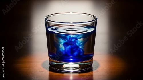 Blue dye mixing in water glass creating beautiful patterns and shapes.