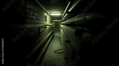 Dark and claustrophobic industrial corridor or tunnel with parallel pipes lining the walls, creating a spooky and mysterious atmosphere for a horror or thriller movie