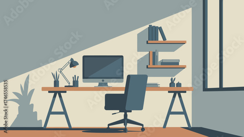 Illustration of a home office setup with desk computer chair and shelves in a well lit room