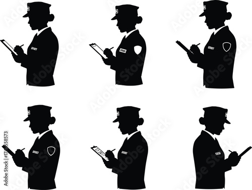Security and police silhouette illustration, clipboard writing, uniform comparison, evidence label, posture variation, law enforcement, black figure, reference, sketch, concept