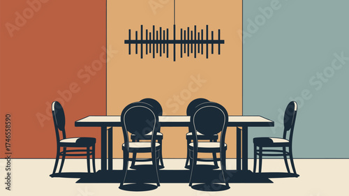 Dining room illustration with table chairs and a unique chandelier against colorful wall panels
