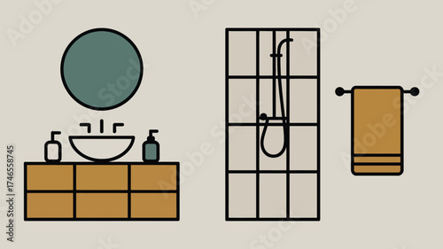 Illustration of a bathroom with a sink mirror shower and towel in a simple modern style
